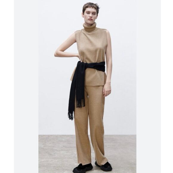 ZARA Tan Knit Sleeveless Turtleneck Lounge Set Two Piece Pants Outfit EUC S - Picture 6 of 13